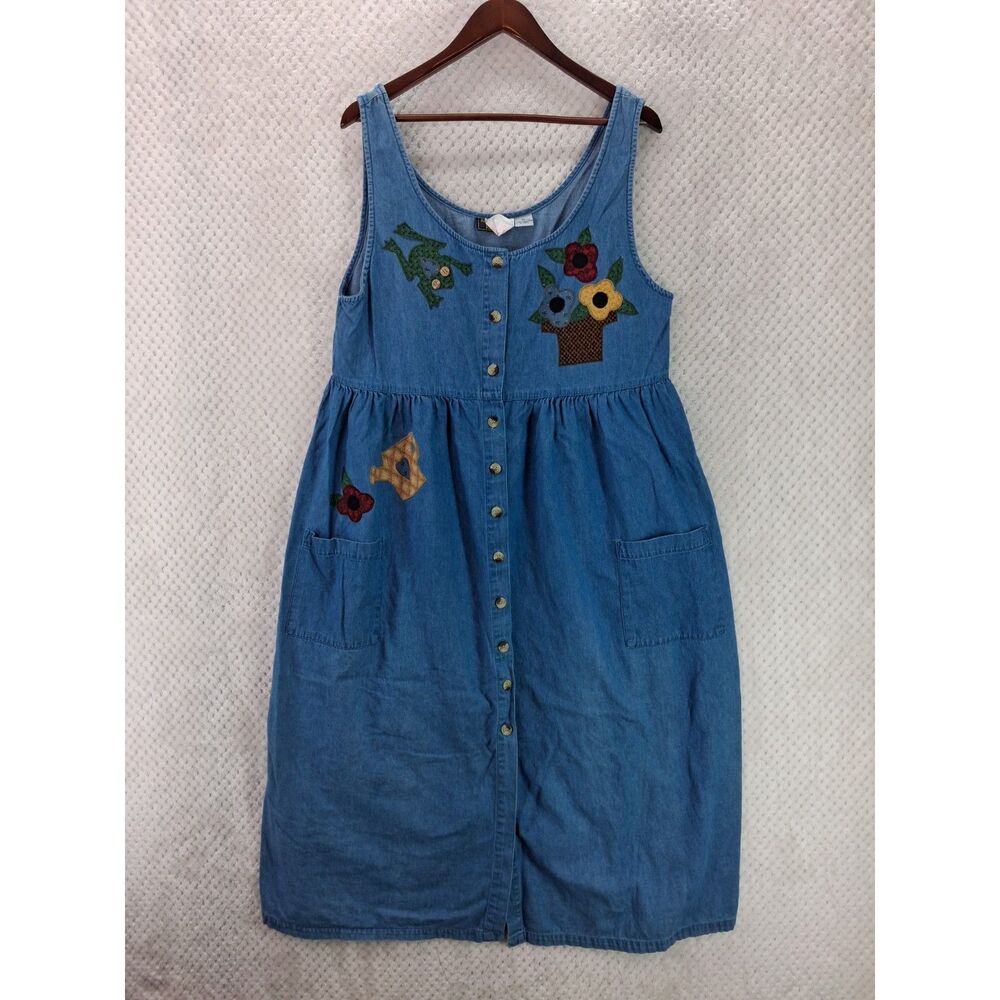 American Rave 90s Embroidered Floral Denim Jumper Dress Women's XL*READ*